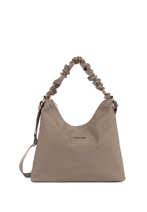Beige nylon handtas met een slouchy ontwerp, verzamelde bovenhandgreep, ritsluiting en afneembare schouderband. Heeft een logo-detail aan de voorkant.