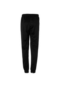 Zwarte trainingsbroek met elastische tailleband, taps toelopende benen en ritsen bij de boorden. Gemaakt van gladde, lichte stof.