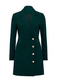 Abito blazer tailored verde scuro con maniche lunghe, revers, due tasche laterali e quattro bottoni dorati sul davanti.