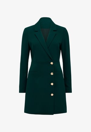 Tummanvihreä muotoiltu bleiserimekko, jossa on pitkähihaiset hihat, viisto kaulus, kaksi sivutaskua ja neljä kultanappia edessä.