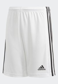Pantalones cortos deportivos blancos con un diseño de tres rayas negras a lo largo de los lados y una cinturilla elástica. Presenta un logo de Adidas en negro.