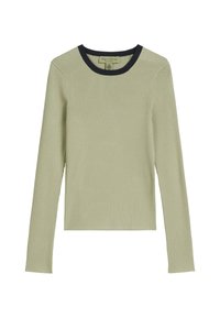Long-sleeve ribbed top in light green with a dark navy round neckline. Features a fitted design and soft, textured fabric.