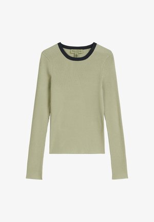 Šviesiai žalia ilgomis rankovėmis banguota palaidinė su tamsiai mėlynu apvaliu apykakliniu iškirpimu. Ypatybė – prigludusi forma ir minkšta, tekstūruota medžiaga.