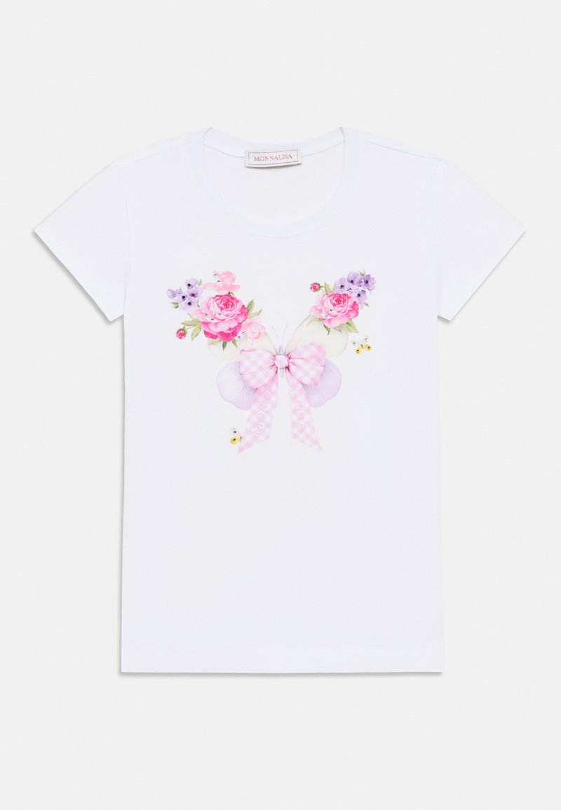 Άσπρο βαμβακερό t-shirt με λουλουδένια σχέδια που περιλαμβάνουν ροζ τριαντάφυλλα και μοβ λουλούδια, σχέδιο πεταλούδας και λεπτομέρεια με ροζ φιόγκο καρό.