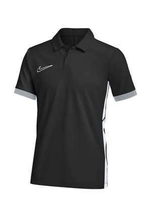 Schwarzes Nike-Poloshirt mit grauen Ärmelabschlüssen und weißen Seitenpaneelen, mit einem weißen Nike-Swoosh-Logo auf der Brust.