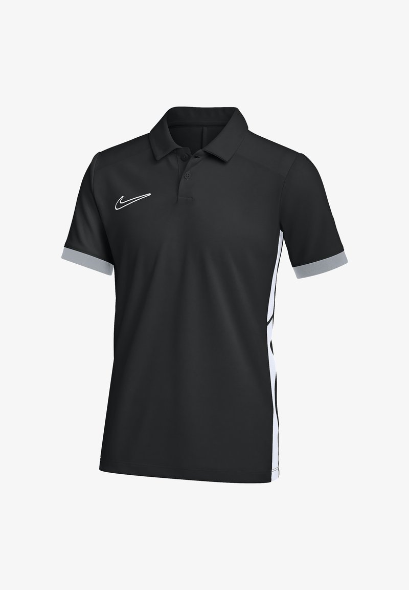 Polo Nike noir avec des poignets de manches gris et des panneaux latéraux blancs, arborant un logo swoosh Nike blanc sur la poitrine.