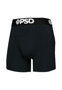 Crne bokserice sa elastičnim pojasom na kojem je bijeli "PSD" logo, izrađene od glatkog, prilagodljivog materijala.