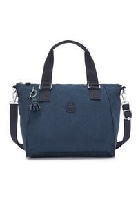 Marineblå nylon tote taske med to håndtag, justerbar skulderrem, sidelomme med lynlås og et rundt logo patch. Har en lille dekorativ charm.