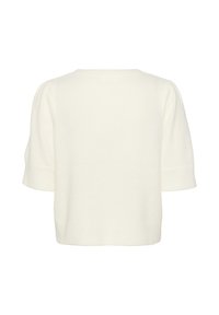 Gebreide trui in roomkleur met korte, opgeblazen mouwen en een afgeronde halslijn; naadloos ontwerp met een gestructureerde afwerking.