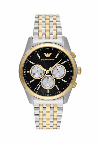 Montre-bracelet Emporio Armani bicolore argent et or avec cadran noir, trois sous-cadrans, aiguilles et index dorés.