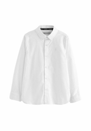 White long-sleeve button-up shirt with collar, cuffs, and subtle embroidered logo on left chest.