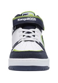 High-top sneakers with white leather and navy suede, green accents, and a Velcro strap; features perforated toe and flat laces.