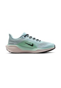 Light blue and mint green athletic shoe with mesh upper, black accents, and a cushioned sole; features a streamlined design and lace closure.