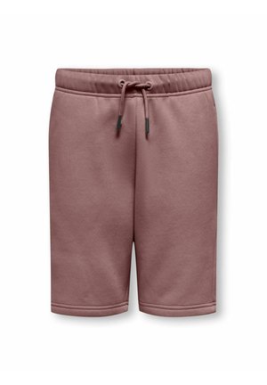 Cotton blend shorts in dusty rose with an elastic waistband and adjustable drawstring. Features stitched hems and side pockets.