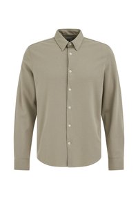 Langarmhemd in Olivgrün, strukturierter Stoff, Standardkragen, Knopfleiste vorne, abgerundeter Saum und Manschetten mit einem Knopf.