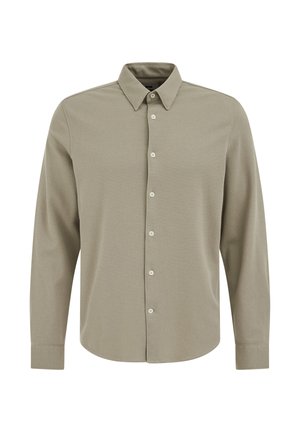 Koszula z długim rękawem w kolorze oliwkowym, z fakturowanej tkaniny, ze standardowym kołnierzykiem, zapinana na guziki z przodu, zaokrąglony dół i mankiety zapinane na pojedynczy guzik.