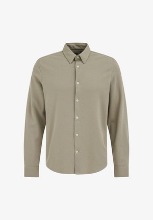 Koszula z długim rękawem w kolorze oliwkowym, z fakturowanej tkaniny, ze standardowym kołnierzykiem, zapinana na guziki z przodu, zaokrąglony dół i mankiety zapinane na pojedynczy guzik.