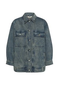 Jeansjacke in verwaschenem Blau mit lockerem Schnitt, zwei Brusttaschen und silbernen Knöpfen. Verfügt über einen klassischen Kragen und sichtbare Nähte.