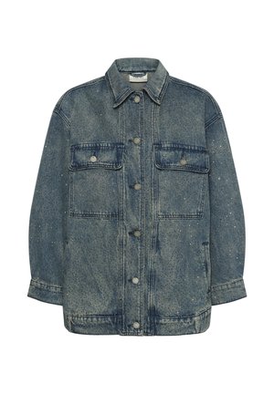 Denim jacket in faded blue with a relaxed fit, two chest pockets, and silver button hardware. Features a classic collar and visible stitching.