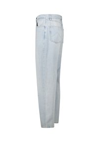 Lichtblauwe spijkerbroek met een rechte pijp, voorzien van een standaard tailleband, achterzakken en een gladde textuur.