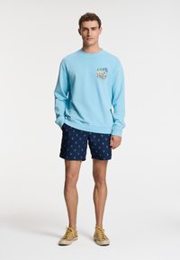 Felpa blu chiaro con design grafico, abbinata a pantaloni corti navy con un piccolo motivo di cactus, e sneakers beige.