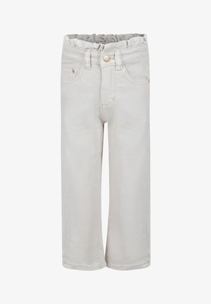 Pantalon en denim beige clair avec une coupe décontractée, taille élastique et design standard à cinq poches. Texture lisse, détails de couture minimaux.