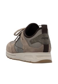 Men's sneaker featuring a mix of light brown suede and grey mesh, with a cushioned sole, rounded shape, and contrasting dark accents.