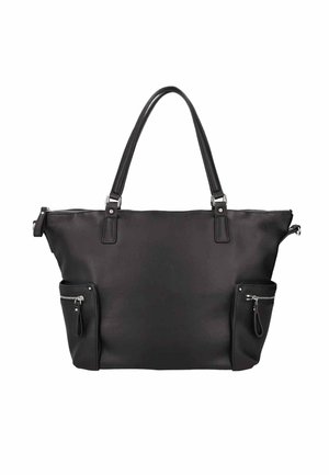Borsa in pelle nera con due manici, chiusura superiore con cerniera e due tasche frontali con cerniera su ciascun lato.