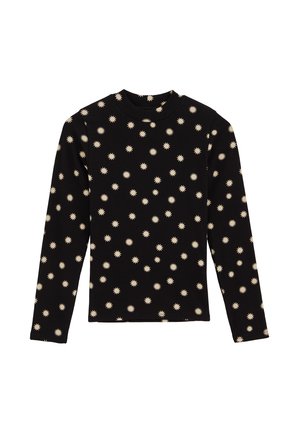 Camicia nera a maniche lunghe con un motivo ripetitivo di forme solari color crema, realizzata in tessuto morbido e con scollatura rotonda.