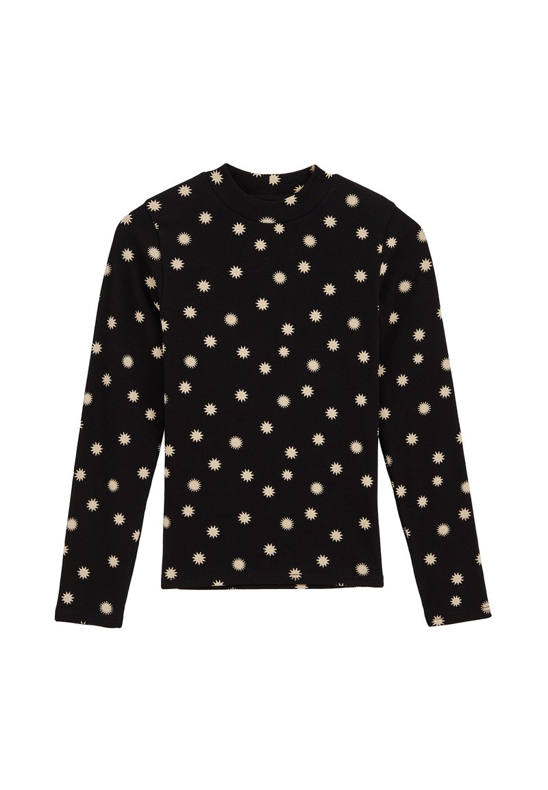 Camicia nera a maniche lunghe con un motivo ripetitivo di forme solari color crema, realizzata in tessuto morbido e con scollatura rotonda.