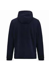 Felpa blu navy con schiena intera, cappuccio e maniche lunghe. Presenta polsini e orlo ribassati, senza marchi o motivi visibili. Tessuto morbido.