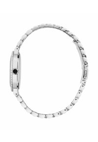 Orologio argentato con cassa rotonda e cinturino in metallo lucido. Il cinturino presenta maglie ovali, e una lunetta texturizzata circonda il quadrante.