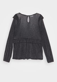 Blusa nera a maniche lunghe realizzata in tessuto trasparente e luccicante. Presenta un'apertura a forma di chiave sul retro e un colletto arricciato con una vita aderente.