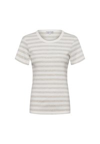 Striped t-shirt in light beige and white, made of soft fabric, featuring a round neckline and short sleeves, with horizontal stripes.
