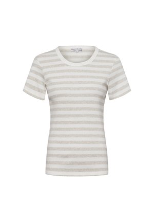 Gestreift T-Shirt in hellbeige und Weiß, aus hochwertigem, weichem Stoff, mit Rundhalsausschnitt und kurzen Ärmeln, mit horizontalen Streifen.