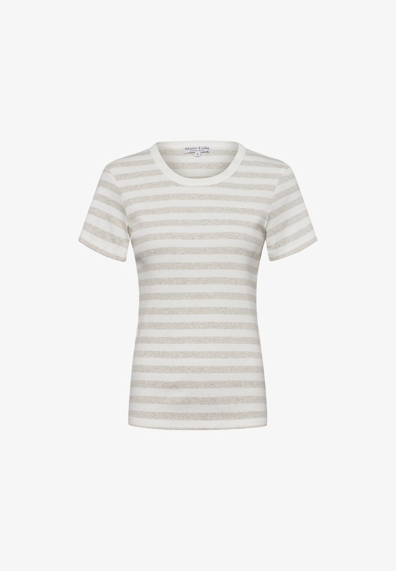 Striped t-shirt in light beige and white, made of soft fabric, featuring a round neckline and short sleeves, with horizontal stripes.