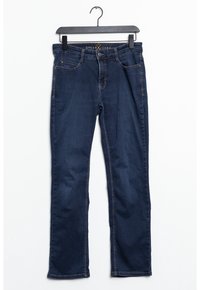 Mörkblå denimjeans med rak passform, femfickorsdesign och knäppning med översta knappen; har kontrasterande sömmar längs sömmarna.