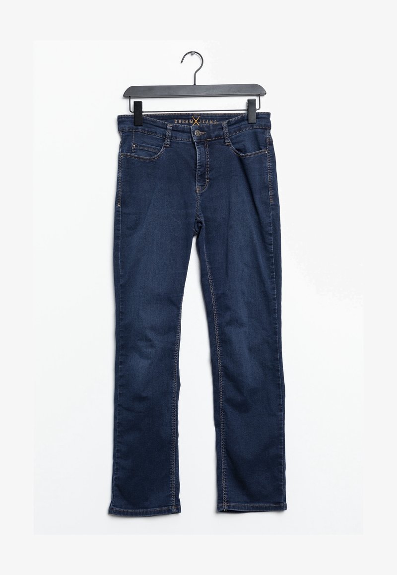 Mörkblå denimjeans med rak passform, femfickorsdesign och knäppning med översta knappen; har kontrasterande sömmar längs sömmarna.