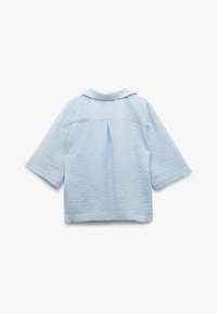 Lichtblauw textuur shirt met een kraaglijn, korte mouwen en een rugplooi detail. Gemaakt van een lichtgewicht, gekreukt stof.