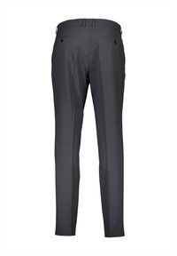 Pantaloni grigi su misura con vestibilità slim, tessuto morbido, tasche posteriori con bottoni e design frontale piatto.
