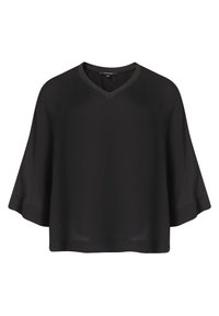 Black, loose-fitting top with a V-neck, short wide sleeves, and a smooth texture. Edges have a contrasting trim. Lightweight and flowy design.