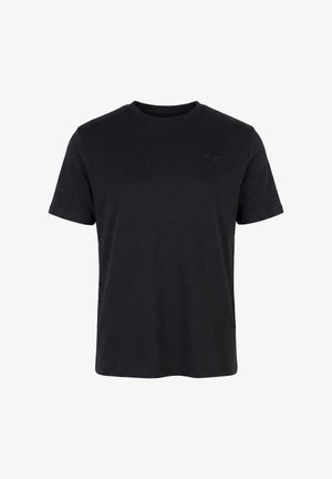 T-shirt noir à manches courtes et col rond avec un logo brodé subtil sur le côté gauche de la poitrine, présenté sur un fond blanc.