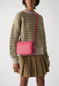 Borsa a tracolla in pelle rosa con forma rettangolare, dettagli in oro e logo. Indossata con un maglione a righe e una gonna plissettata.