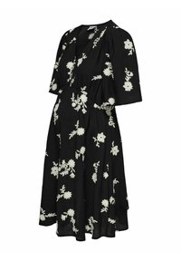Robe noire mi-longue avec broderie florale blanche, manches courtes bouffantes et encolure en V avec détail froncé à la taille.