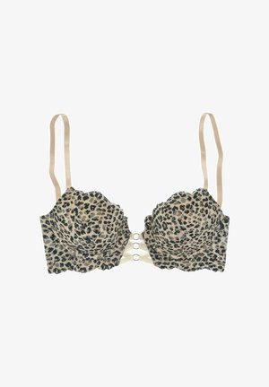 Leopard print padded bra with scalloped edges, light beige straps, a three-hook closure, and decorative rings in the center.