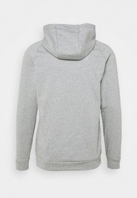 Grijze hoodie met een kangoeroezak, lange mouwen en een capuchon met trekkoord. Zachte stof met een gladde textuur. Achteraanzicht weergegeven.