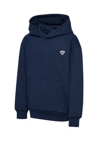 Mörkblå bomulls hoodie med en framficka, ribbade ärmslut och nertill, med en liten broderad logotyp på vänster bröst.