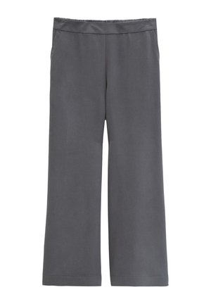 Dark gray wide-leg pants with elastic waistband and side pockets, designed for comfort and casual wear.