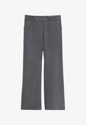 Dunkelgraue, weit geschnittene Hose mit elastischem Bund und seitlichen Taschen, entworfen für Komfort und lässiges Tragen.