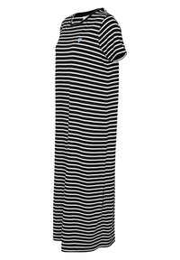 Black and white striped T-shirt dress, short sleeves, crew neck, relaxed fit, features a small blue heart logo on the chest.